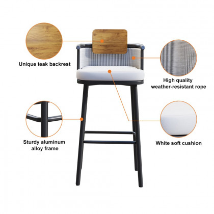 HMR - 2-Pieces Outdoor Patio Teak & Aluminum 41" Bar Stools Set with Backs