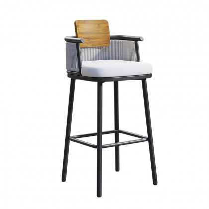 HMR - 2-Pieces Outdoor Patio Teak & Aluminum 41" Bar Stools Set with Backs