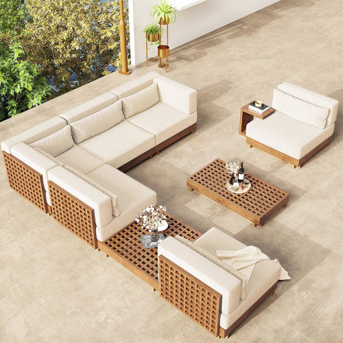 HMR 9-Pieces Premium Teak Modular L-Shaped Outdoor Sectional Sofa Set - Beige