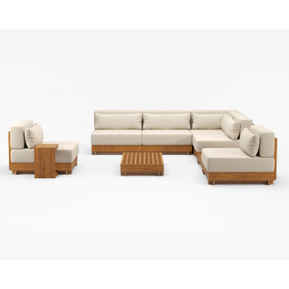 HMR 9-Pieces Premium Teak Modular L-Shaped Outdoor Sectional Sofa Set - Beige