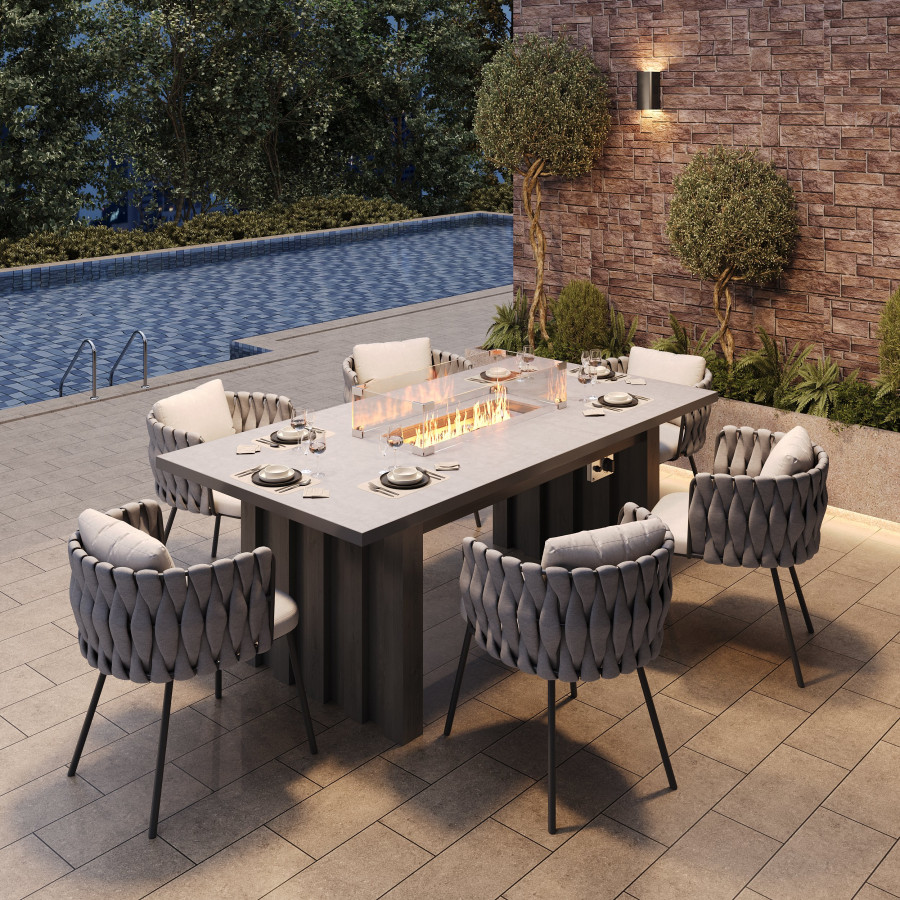 HMR - 7 Pieces Gray Aluminum Outdoor Fire Patio Dining Set with Woven Armchair