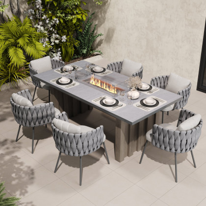 HMR - 7 Pieces Gray Aluminum Outdoor Fire Patio Dining Set with Woven Armchair