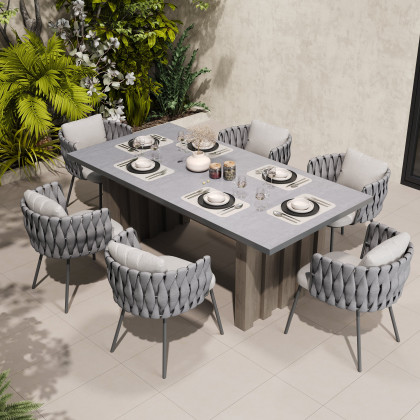 HMR - 7 Pieces Gray Aluminum Outdoor Fire Patio Dining Set with Woven Armchair