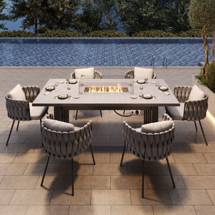 HMR - 7 Pieces Gray Aluminum Outdoor Fire Patio Dining Set with Woven Armchair