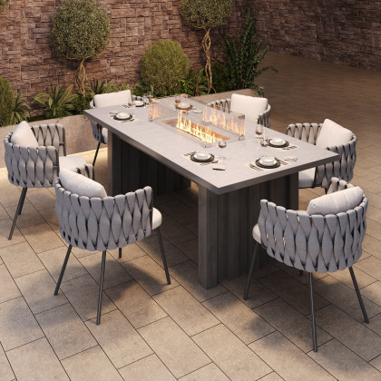 HMR - 7 Pieces Gray Aluminum Outdoor Fire Patio Dining Set with Woven Armchair
