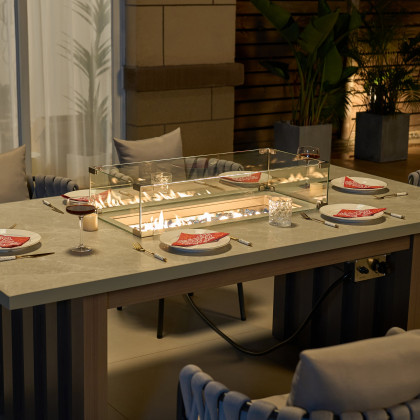 HMR - 7 Pieces Gray Aluminum Outdoor Fire Patio Dining Set with Woven Armchair