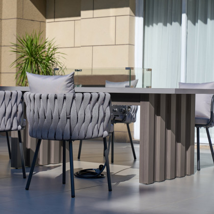 HMR - 7 Pieces Gray Aluminum Outdoor Fire Patio Dining Set with Woven Armchair