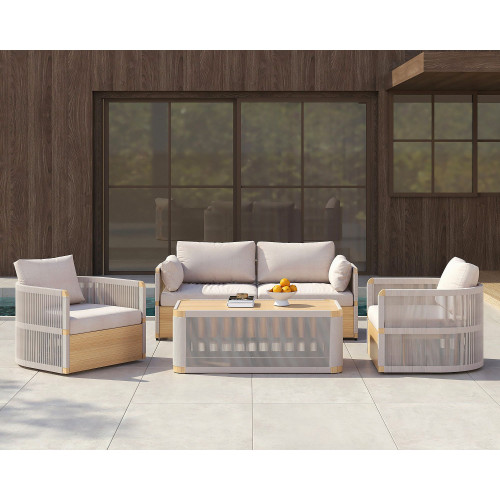 HMR 4-Pieces Modern Aluminum & Rope Outdoor Sofa Set with Coffee Table - Khaki, 2 Seater + Armchair