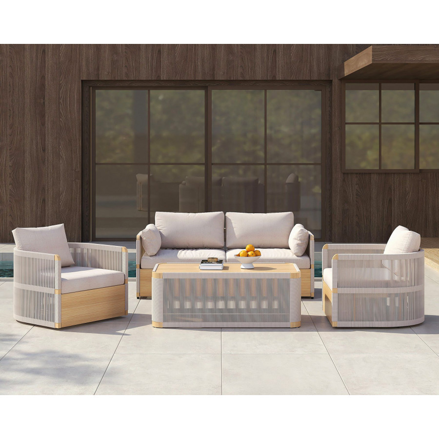 HMR 4-Pieces Modern Aluminum & Rope Outdoor Sofa Set with Coffee Table - Khaki, 2 Seater + Armchair