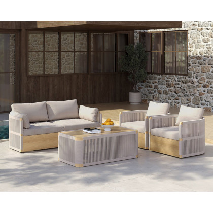 HMR 4-Pieces Modern Aluminum & Rope Outdoor Sofa Set with Coffee Table - Khaki, 2 Seater + Armchair