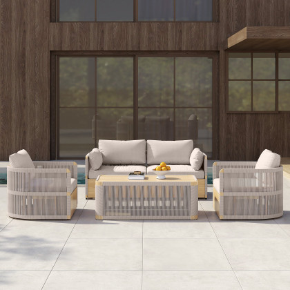 HMR 4-Pieces Modern Aluminum & Rope Outdoor Sofa Set with Coffee Table - Khaki, 2 Seater + Armchair