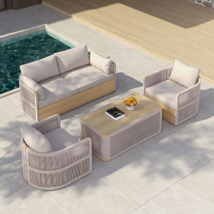 HMR 4-Pieces Modern Aluminum & Rope Outdoor Sofa Set with Coffee Table - Khaki, 2 Seater + Armchair