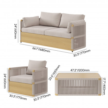HMR 4-Pieces Modern Aluminum & Rope Outdoor Sofa Set with Coffee Table - Khaki, 2 Seater + Armchair