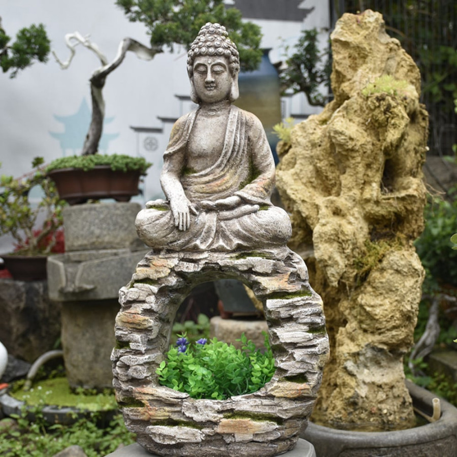 HMR - 22.2" Garden Buddha Statue Outdoor Gray Resin Sculpture Decor Art Flower Pot Planter
