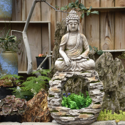 HMR - 22.2" Garden Buddha Statue Outdoor Gray Resin Sculpture Decor Art Flower Pot Planter