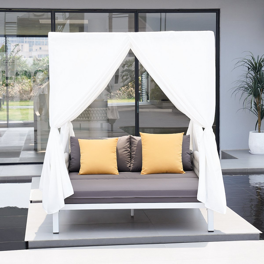 HMR - White Aluminum & Gray Woven Rope 2-Person Outdoor Patio Daybed with Canopy Curtains
