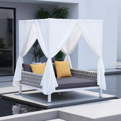 HMR - White Aluminum & Gray Woven Rope 2-Person Outdoor Patio Daybed with Canopy Curtains