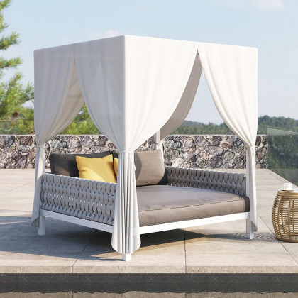 HMR - White Aluminum & Gray Woven Rope 2-Person Outdoor Patio Daybed with Canopy Curtains