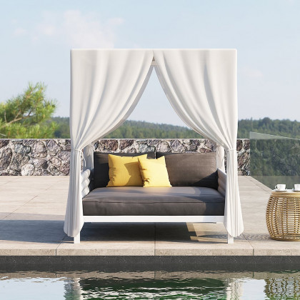 HMR - White Aluminum & Gray Woven Rope 2-Person Outdoor Patio Daybed with Canopy Curtains