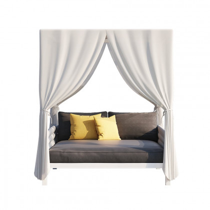 HMR - White Aluminum & Gray Woven Rope 2-Person Outdoor Patio Daybed with Canopy Curtains