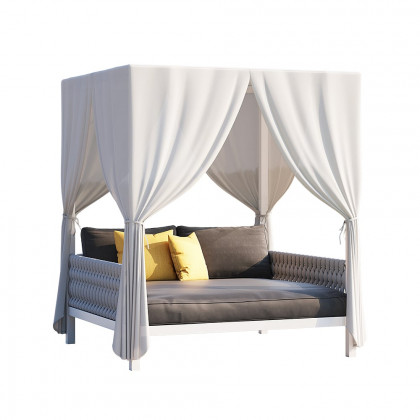 HMR - White Aluminum & Gray Woven Rope 2-Person Outdoor Patio Daybed with Canopy Curtains
