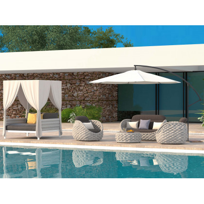 HMR - White Aluminum & Gray Woven Rope 2-Person Outdoor Patio Daybed with Canopy Curtains