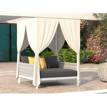 HMR - White Aluminum & Gray Woven Rope 2-Person Outdoor Patio Daybed with Canopy Curtains