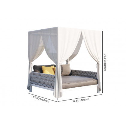 HMR - White Aluminum & Gray Woven Rope 2-Person Outdoor Patio Daybed with Canopy Curtains