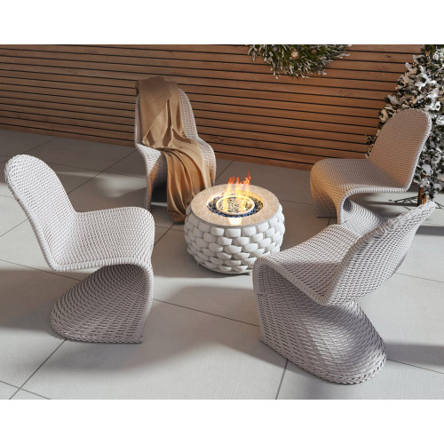 HMR - Coastal Aluminum & Woven Rattan Outdoor Patio Dining Chairs & Round Propane Pit Set