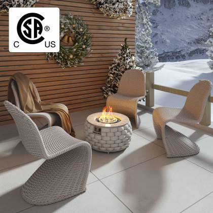 HMR - Coastal Aluminum & Woven Rattan Outdoor Patio Dining Chairs & Round Propane Pit Set