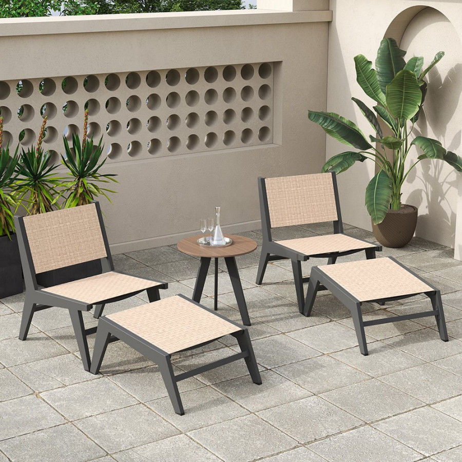 HMR - 5-Pieces Rustic Rattan Aluminum Outdoor Patio Lounge Chair Set Round Coffee Table & Stool
