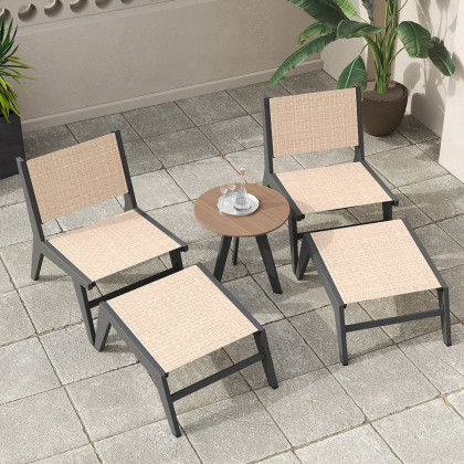 HMR - 5-Pieces Rustic Rattan Aluminum Outdoor Patio Lounge Chair Set Round Coffee Table & Stool