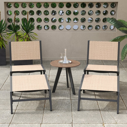 HMR - 5-Pieces Rustic Rattan Aluminum Outdoor Patio Lounge Chair Set Round Coffee Table & Stool