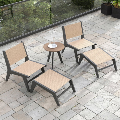 HMR - 5-Pieces Rustic Rattan Aluminum Outdoor Patio Lounge Chair Set Round Coffee Table & Stool