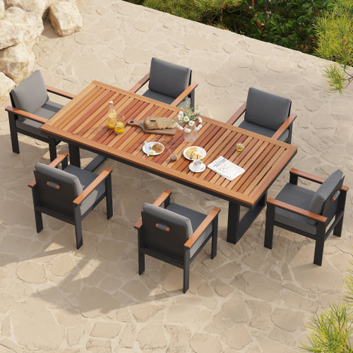HMR Person Rectangle Wood & Aluminum Outdoor Patio Dining Set - Gray, With 6 Chairs