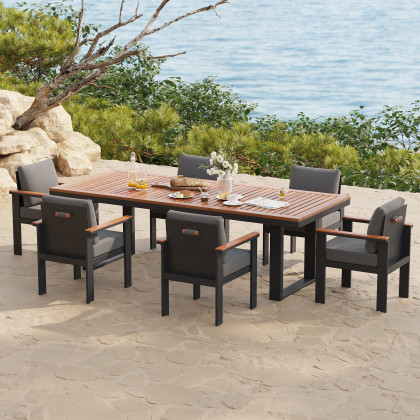 HMR Person Rectangle Wood & Aluminum Outdoor Patio Dining Set - Gray, With 6 Chairs