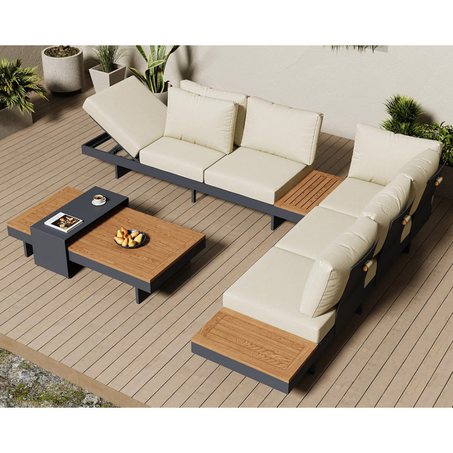 HMR 4-Pieces Modular Aluminum & Teak Outdoor Sofa Set for 6 Person - Beige