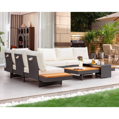 HMR 4-Pieces Modular Aluminum & Teak Outdoor Sofa Set for 6 Person - Beige
