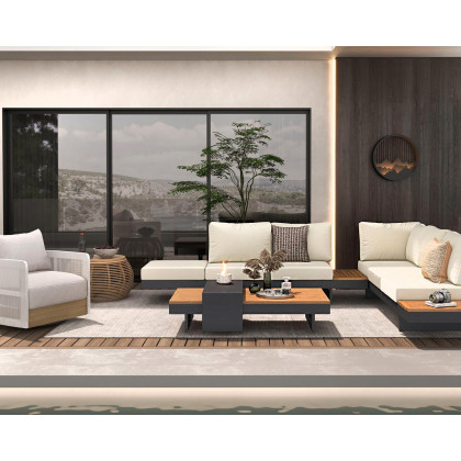 HMR 4-Pieces Modular Aluminum & Teak Outdoor Sofa Set for 6 Person - Beige