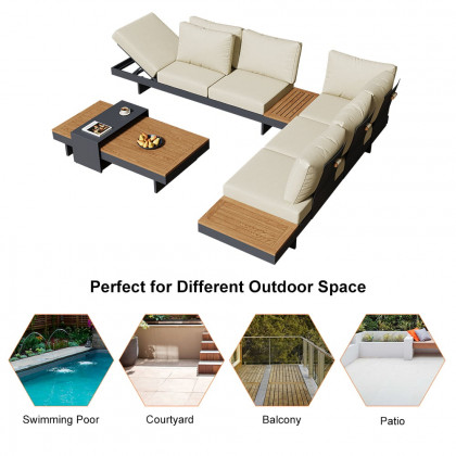 HMR 4-Pieces Modular Aluminum & Teak Outdoor Sofa Set for 6 Person - Beige