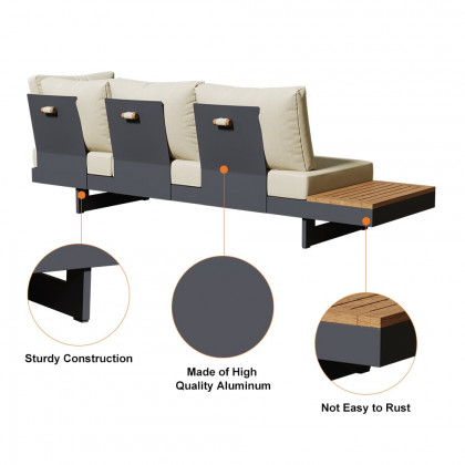 HMR 4-Pieces Modular Aluminum & Teak Outdoor Sofa Set for 6 Person - Beige