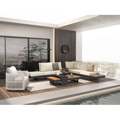 HMR 4-Pieces Modular Aluminum & Teak Outdoor Sofa Set for 6 Person - Beige