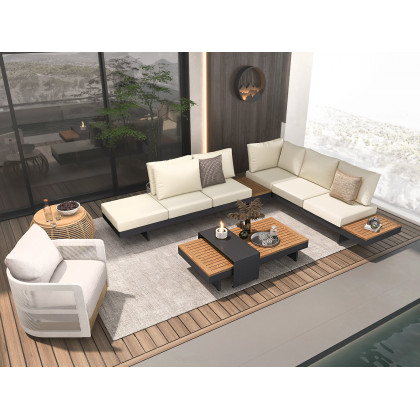HMR 4-Pieces Modular Aluminum & Teak Outdoor Sofa Set for 6 Person - Beige