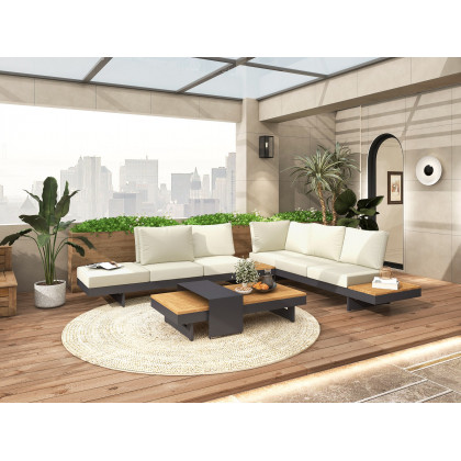 HMR 4-Pieces Modular Aluminum & Teak Outdoor Sofa Set for 6 Person - Beige