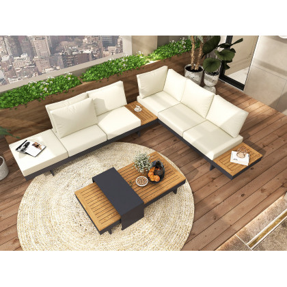 HMR 4-Pieces Modular Aluminum & Teak Outdoor Sofa Set for 6 Person - Beige