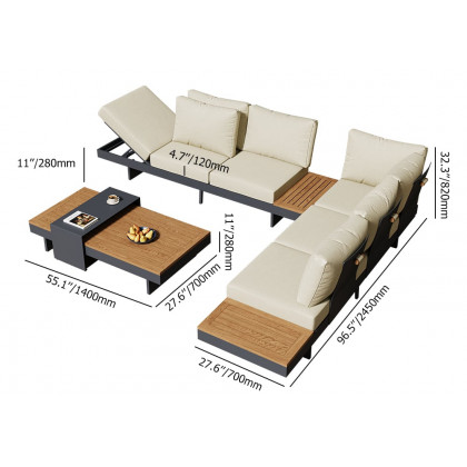 HMR 4-Pieces Modular Aluminum & Teak Outdoor Sofa Set for 6 Person - Beige