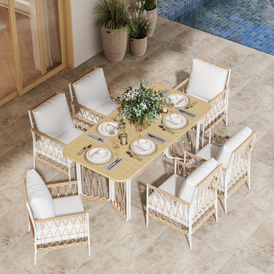 HMR - Ropipe 7-Pieces Woven Rope Outdoor Dining Sofa Set in Khaki & White For 6