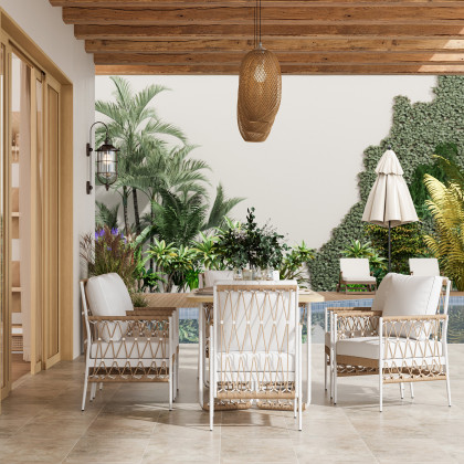 HMR - Ropipe 7-Pieces Woven Rope Outdoor Dining Sofa Set in Khaki & White For 6