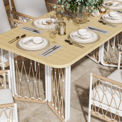 HMR - Ropipe 7-Pieces Woven Rope Outdoor Dining Sofa Set in Khaki & White For 6