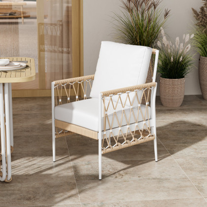 HMR - Ropipe 7-Pieces Woven Rope Outdoor Dining Sofa Set in Khaki & White For 6